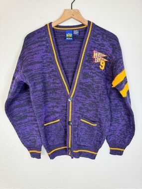 Body Ragz Vintage 80’s 90’s Varsity Cardigan Sweater Purple Gold Youth Large